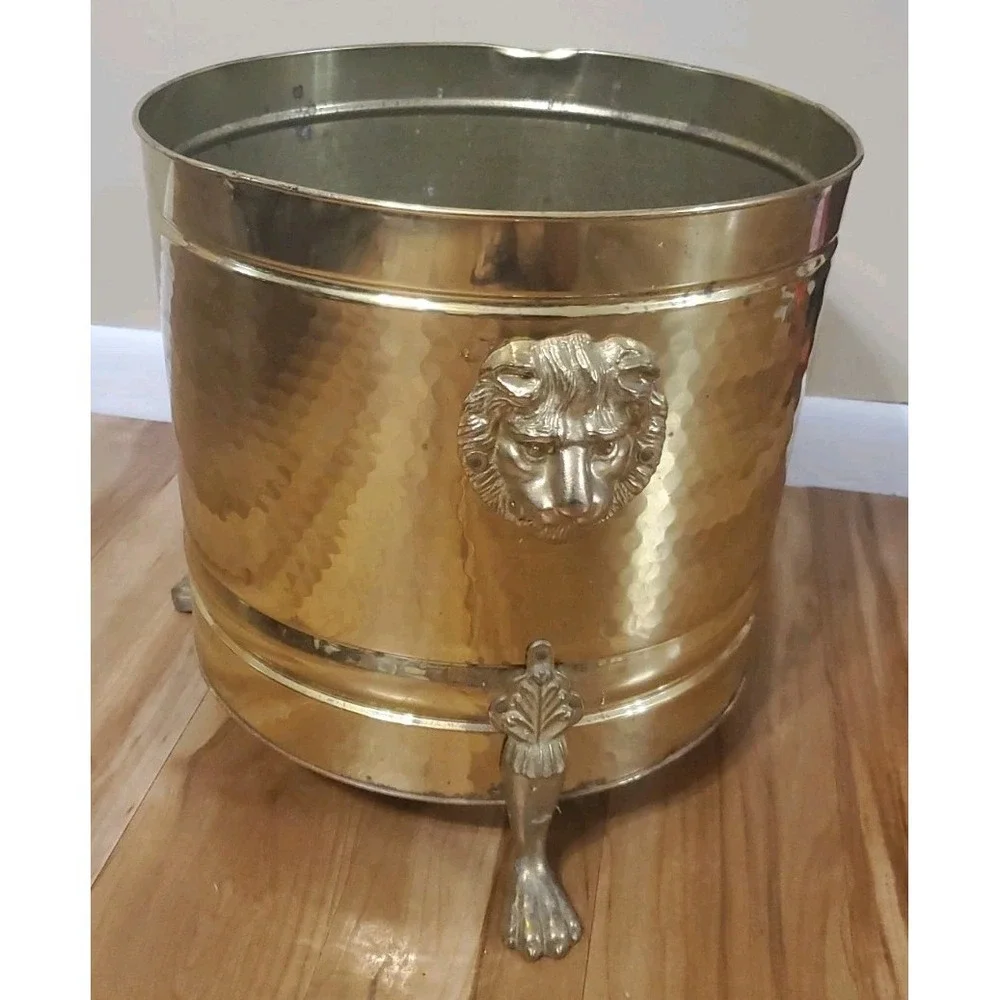 Vintage Brass Lion Head Planter Hollywood Regency Footed Cachepot Plant Pot